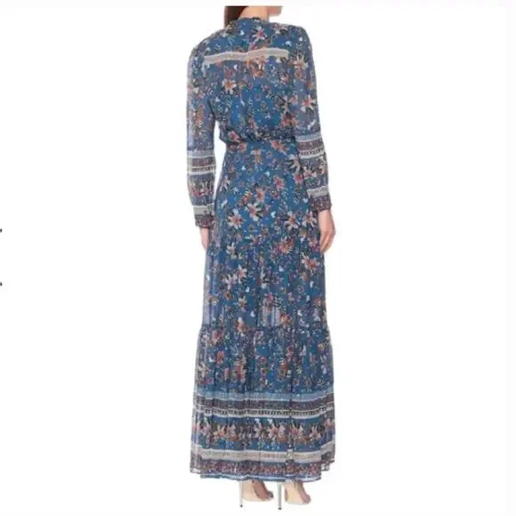 Veronica Beard Sama Silk Maxi Dress 4 Paisley Floral Blue Boho Romantic Western - Picture 7 of 11